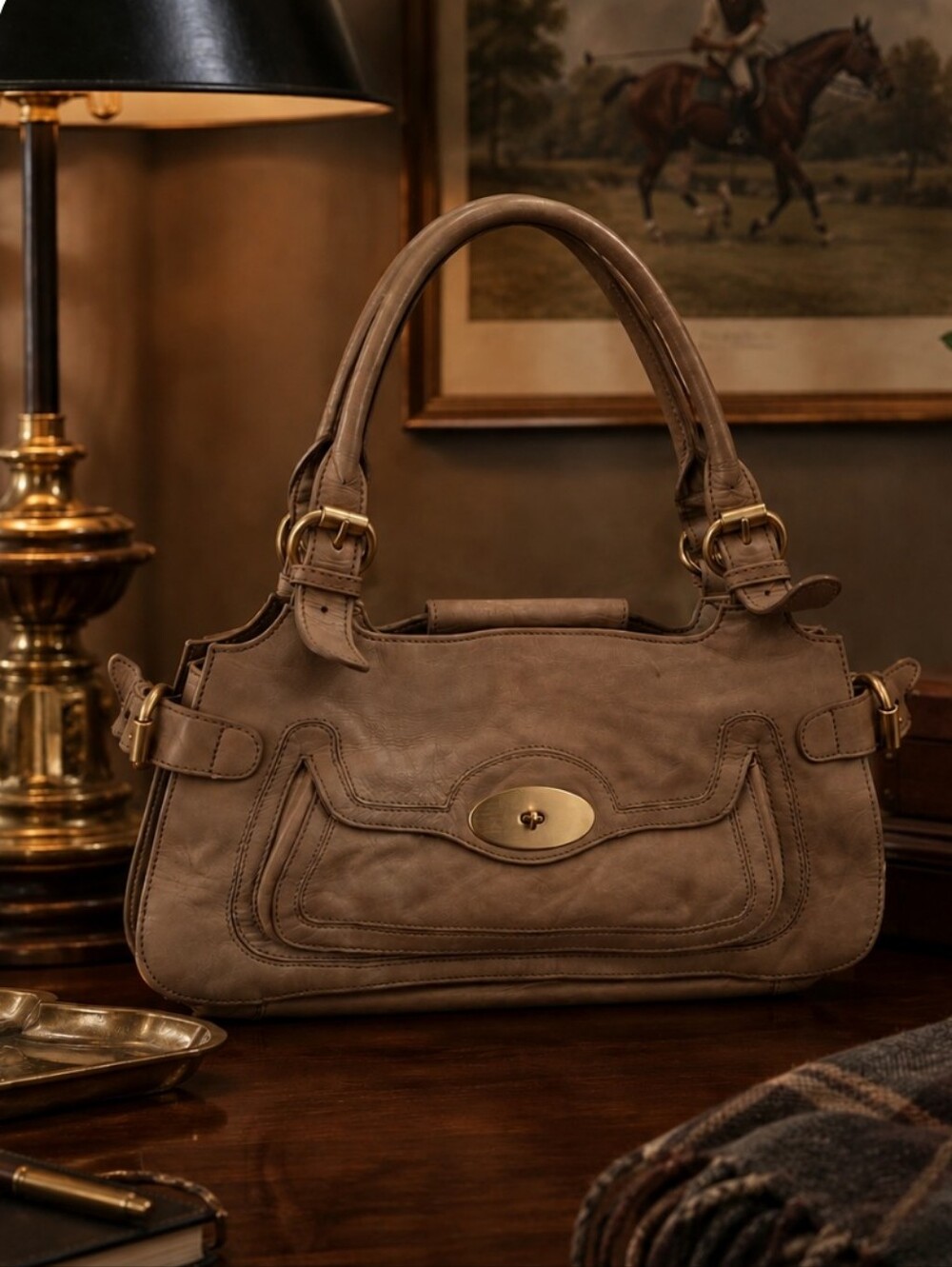 Classic Taupe Leather Satchel Handbag